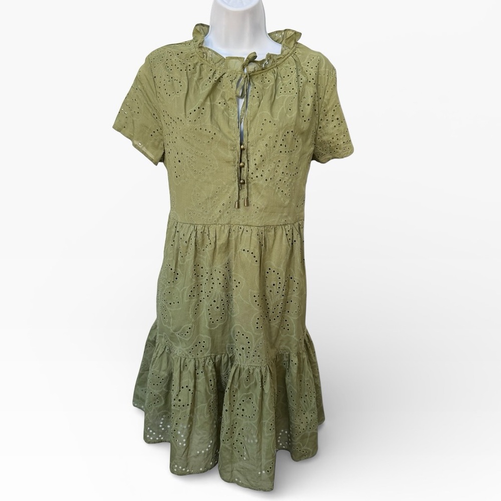 Joie Eyelet Tiered Dress M Green Short sleeve 100% cotton lined tie front summer